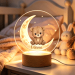 Personalised Cute Cartoon Animal Moon Acrylic LED Night Light with Name and Wooden Base Bedside Decor Birthday Gift for Kids New Parents