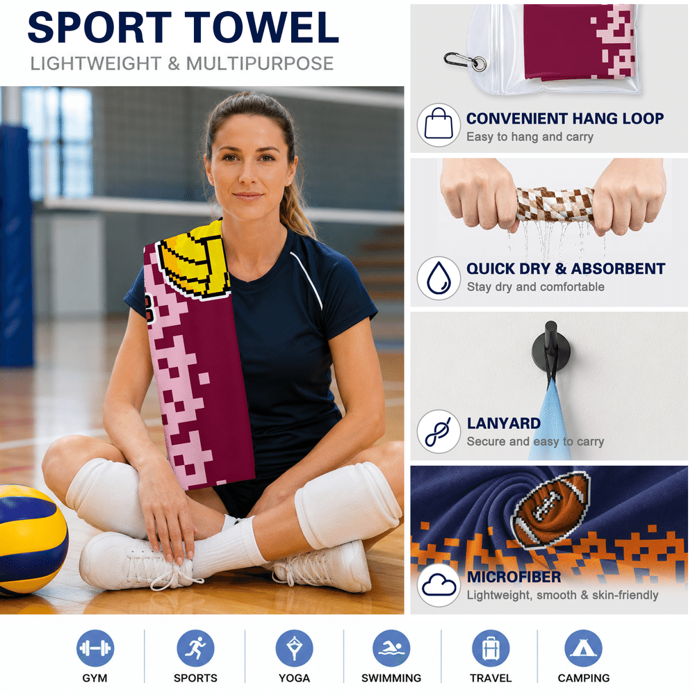 Personalised Multicolour Pixel Style Ball-Themed Quick Dry Sports Towel with Name and Langarden Gym Training Game Day Gift for Sports Lovers 11