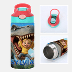 Personalised 3D-Effect Artwork Cartoon Dinosaur Photo 12 oz Insulated Water Bottle with Name and Straw Back to School Birthday Gift for Kid