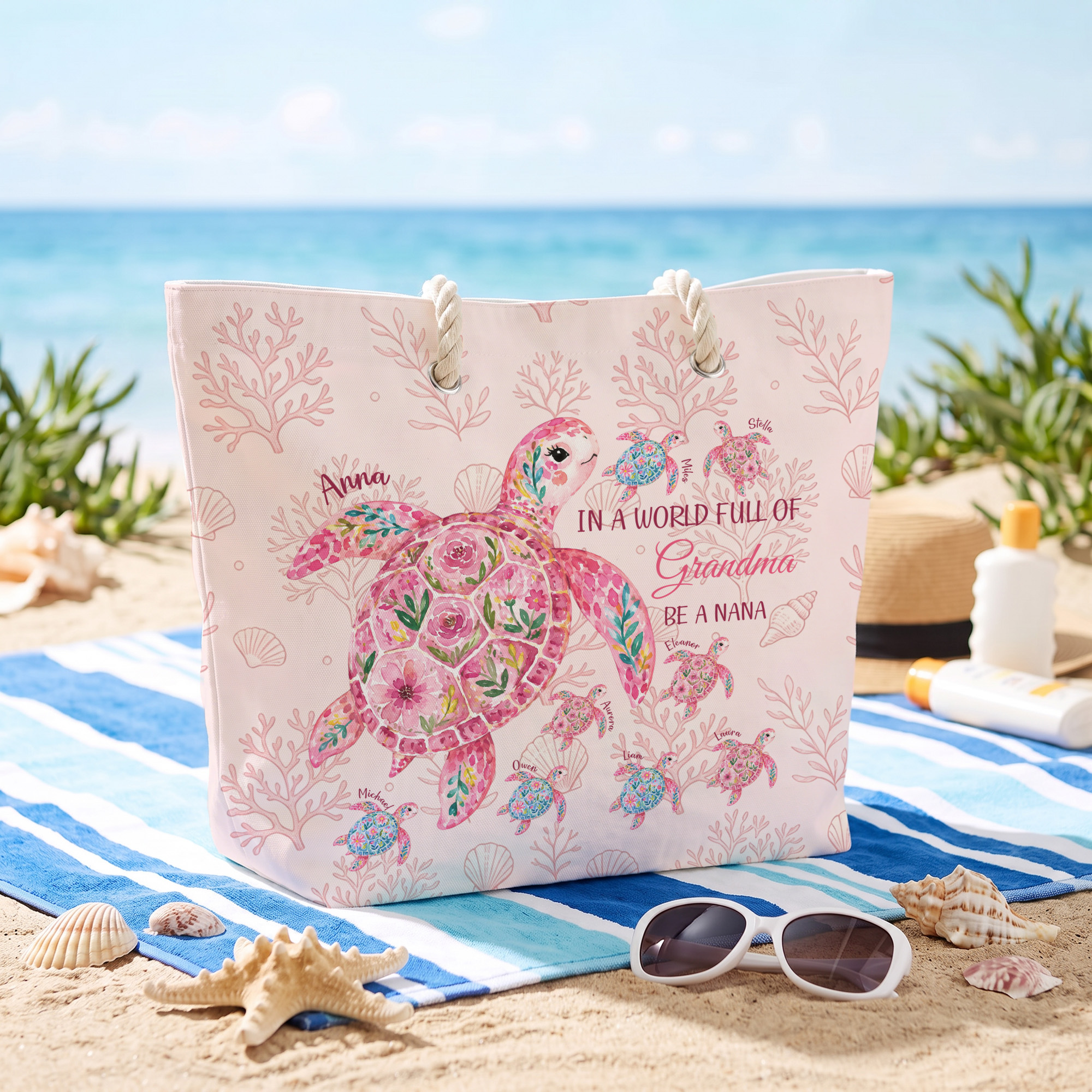Personalisierte Tragetasche im Volkskunststil mit Meeresschildkrötenmotiv und großem Fassungsvermögen – mit Namen – Strandaccessoire – Geschenk zum Großelterntag für Mama und Oma