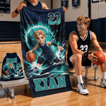 Personalised Cartoon Basketball Character Photo Oversized Quick Dry Beach Towel with Name and Number Beach Party Birthday Gift for Basketball Lovers