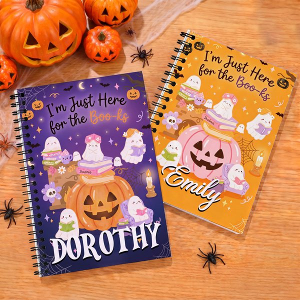 Personalized I'm Just Here for the Boo-ks Halloween Ghost Spiral Notebook with Name Daily Use Halloween Gift for Students Book Lovers