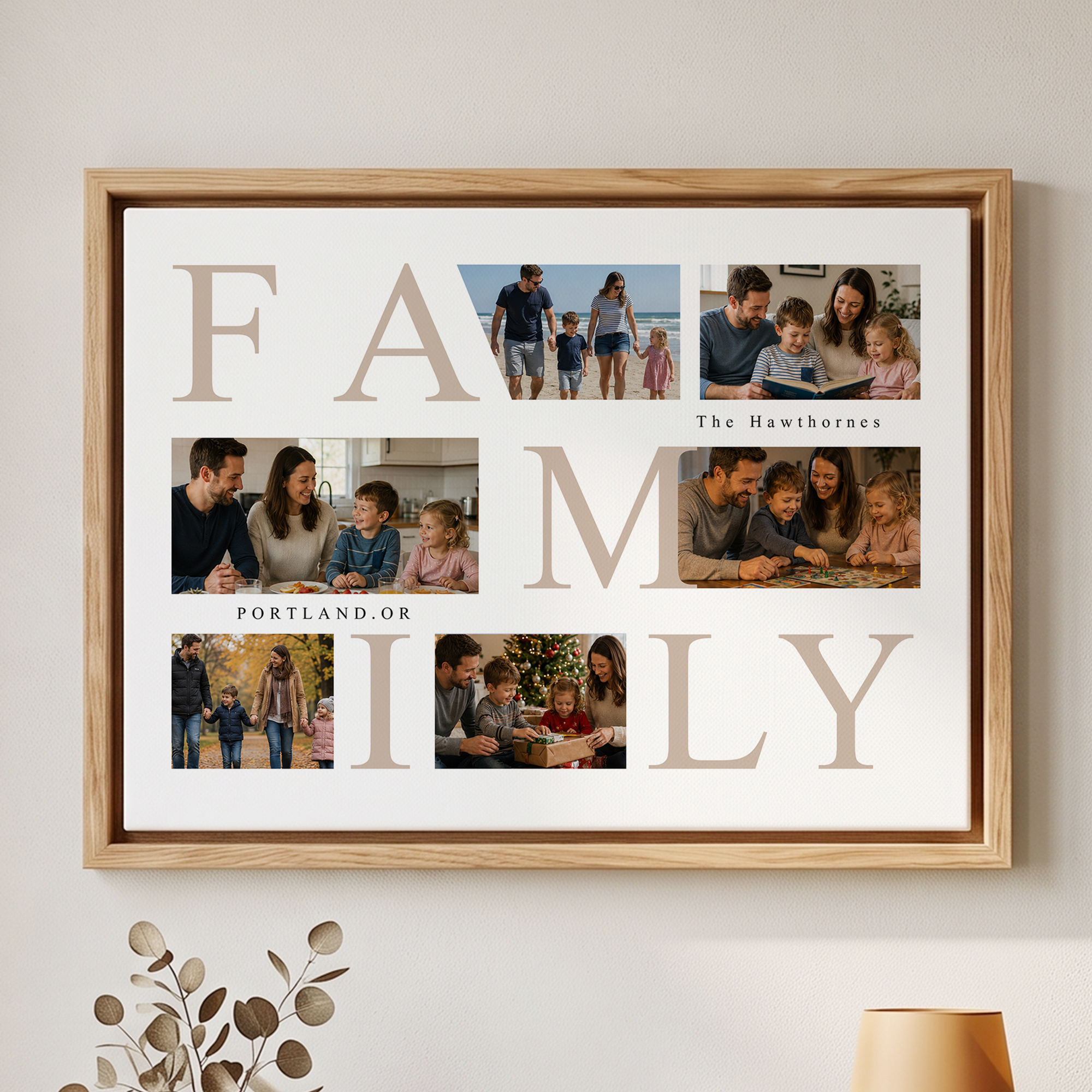 Individuell gestaltete Leinwanddrucke mit 6 Familienfotos als Collage, mit Text und Adresse – Wohnzimmerdekoration, Versand aus den USA – Geburtstags- und Einweihungsgeschenk für die Familie