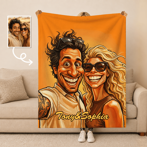 Personalized Exaggerated Comic Photo Soft Throw Blanket with Text Home Decor Birthday Anniversary Gift for Couple Family Friends
