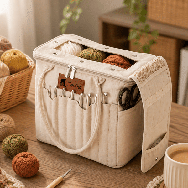 Personalised Knitting Yarn Sheep Cat Design Large Canvas Yarn Storage Bag with Name and Handle Crochet Birthday Gift for Craft Lovers