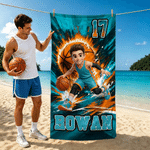 Personalised Cartoon Basketball Character Photo Oversized Quick Dry Beach Towel with Name and Number Beach Party Birthday Gift for Basketball Lovers