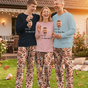 Personalized Fun Face Photo Soft Long-Sleeve Lounge Pajama Set with Text Home Wear Anniversary Birthday Christmas Gift for Couple