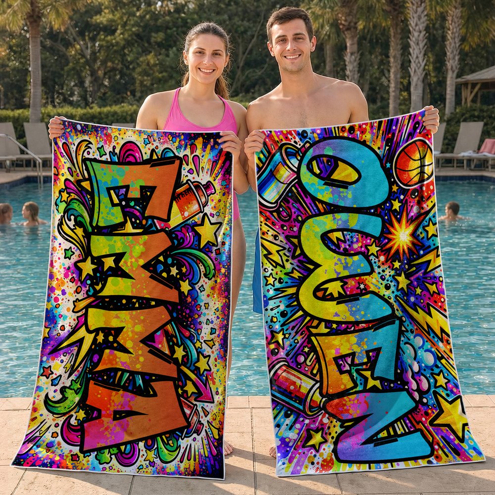 Personalisierte Street-Art-Strandtücher mit Graffiti-Namen