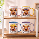 Personalized Birth Flower Highland Cow Multicolor 11 oz 15 oz Ceramic Mug with Coaster Daily Use Birthday Gift for Kids Highland Cow Lovers