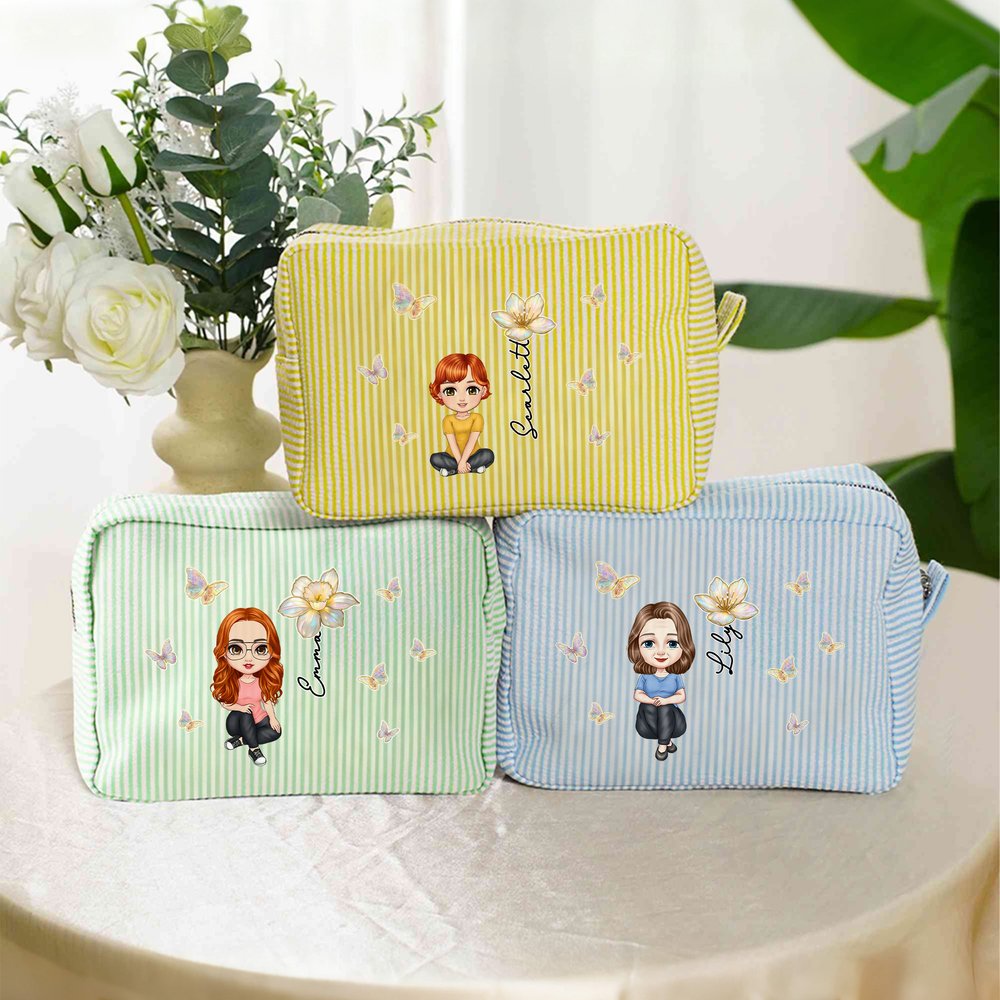 Personalised Multicolour Birth Flower Cartoon Character Striped Makeup Bag with Name Daily Travel Essential Birthday Mother's Day Gift for Women 2