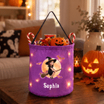 Personalized 3D-Effect Artwork Halloween Witch Ghost Vampire LED Light Bucket Bag with Name Trick or Treat Halloween Party Gift for Boys Girls