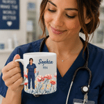 Personalized Birth Flower Cartoon Character Photo 11 oz 15 oz Ceramic Coffee Mug with Name and Text Nurses' Day Birthday Gift for Nurse Doctor