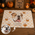 Personalised Watercolor Pumpkin Pet Portrait Photo Food Mat with Name Home Decor Trick-or-Treat Halloween Gift for Pet Owners