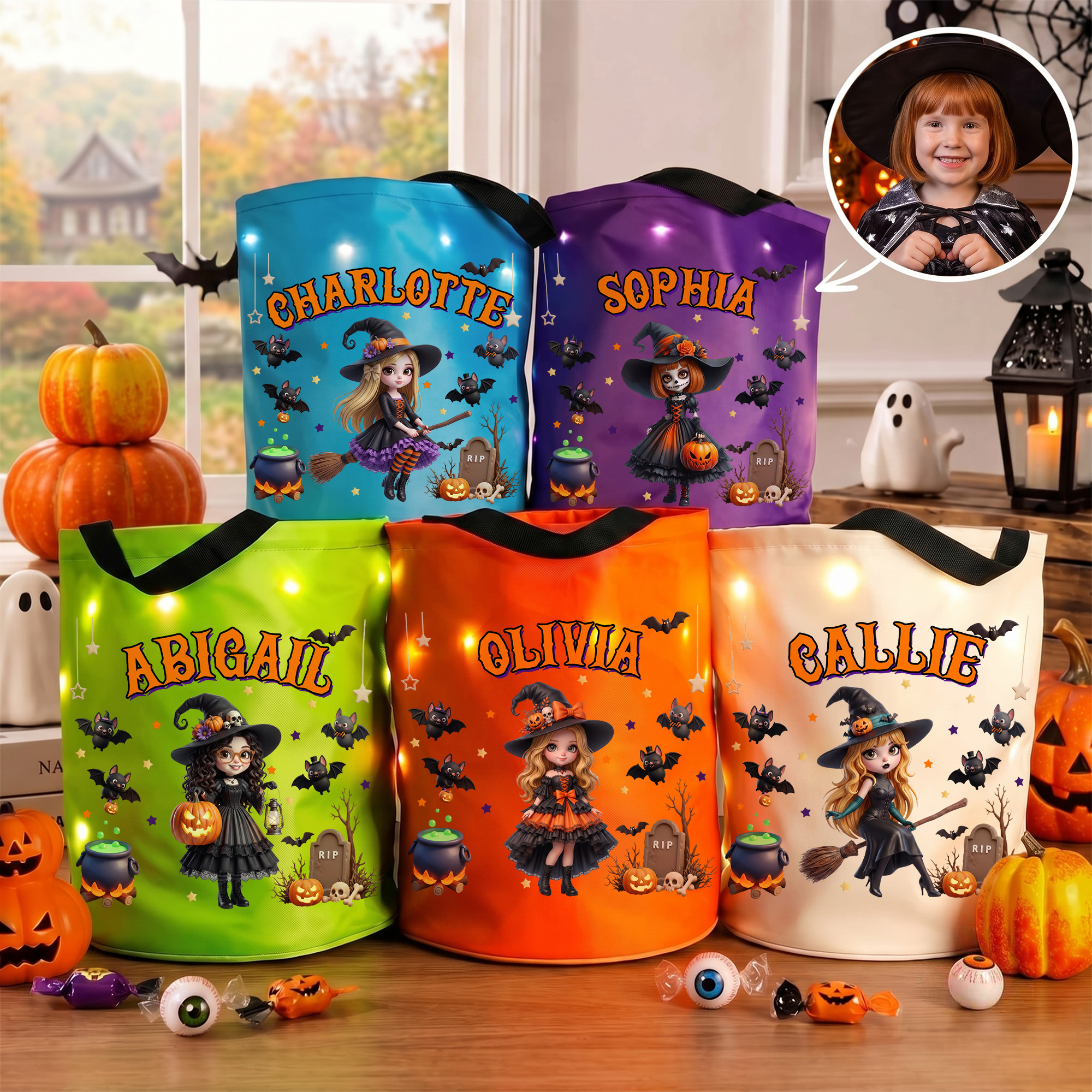 Individuell gestaltete LED-Eimer-Tasche mit 3D-Effekt, Cartoon-Motiv, Halloween-Figur und Namensaufdruck – „Trick or Treat“-Aktivität, Halloween-Party-Geschenk für Mädchen