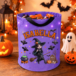 Personalised 3D-Effect Artwork Cartoon Halloween Character LED Light Bucket Bag with Name Trick or Treat Activity Halloween Party Gift for Girl