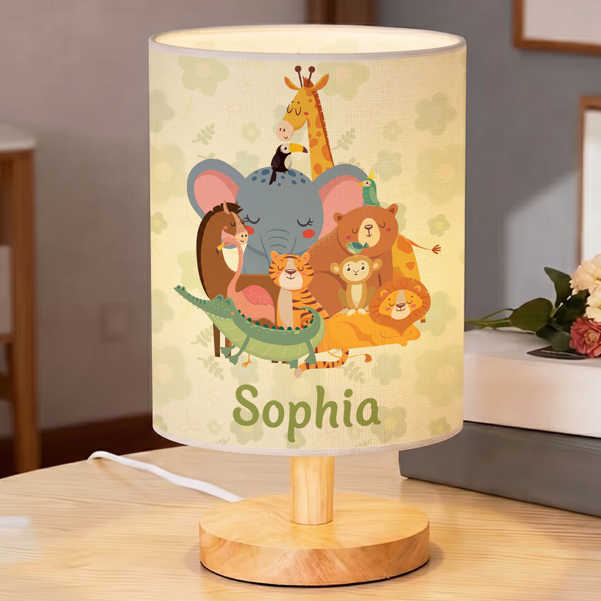 Individuell gestaltete, niedliche Tischlampe aus Leinen mit Tier-Cartoon-Motiv und Namen – Wohnaccessoire und Geburtstagsgeschenk für Kinder und Freunde
