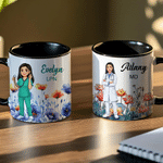 Personalized Birth Flower Cartoon Character Photo 11 oz 15 oz Ceramic Coffee Mug with Name and Text Nurses' Day Birthday Gift for Nurse Doctor