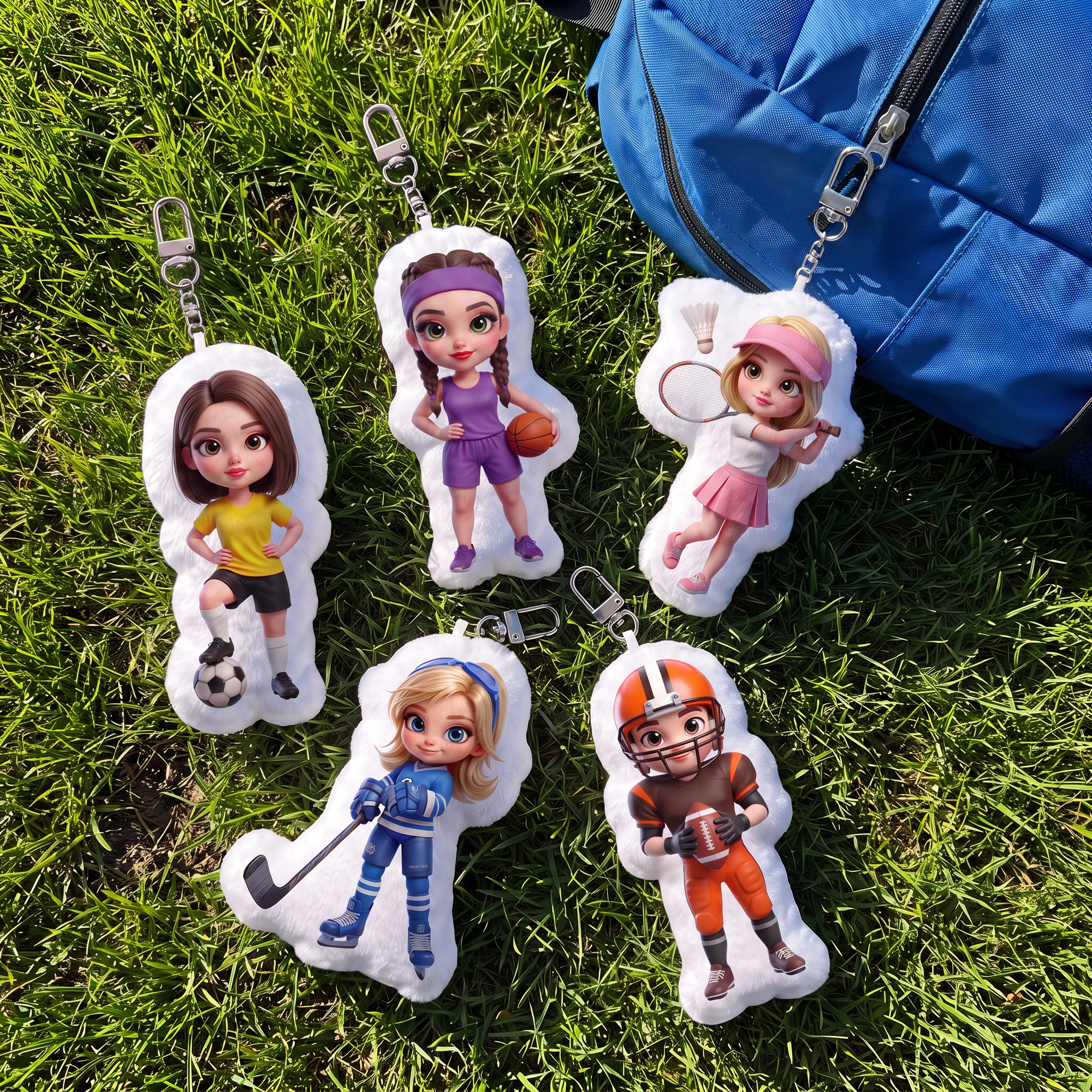 Personalisiertes Cartoon-Motiv im 3D-Stil mit Sportfiguren – Plüsch-Foto-Schlüsselanhänger und Taschenanhänger als Geschenk zum Geburtstag oder Jubiläum für Sportfans