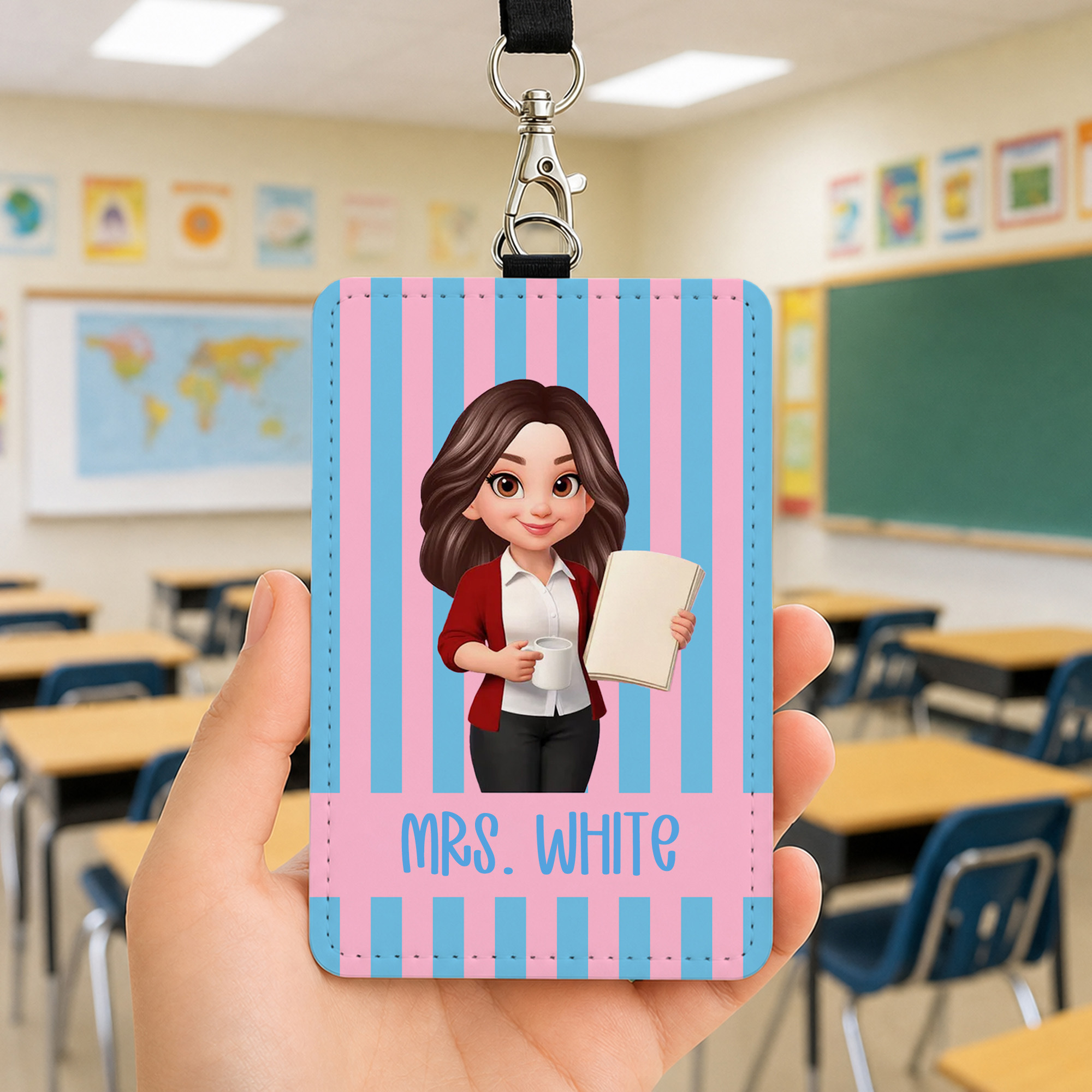 Individuell gestalteter Ausweishalter mit farbenfrohen Streifen und 3D-Effekt, mit Titel und Nachnamen – Dankeschön-Geschenk zum Lehrertag für Lehrer*innen
