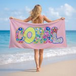 Personalisiertes Strandtuch mit Retro-Boho-Namen | schnelltrocknend | Badetuch | Reisezubehör | Party Geburtstag Sommer Urlaub Geschenk für Frauen