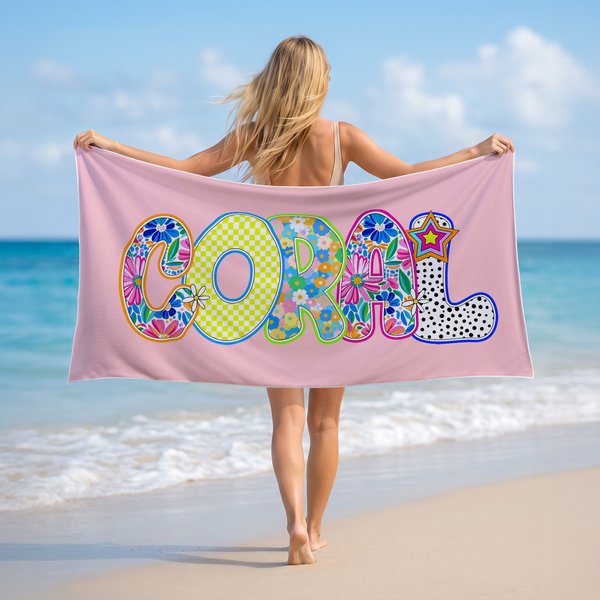 Personalisiertes Strandtuch mit Retro-Boho-Namen | schnelltrocknend | Badetuch | Reisezubehör | Party Geburtstag Sommer Urlaub Geschenk für Frauen