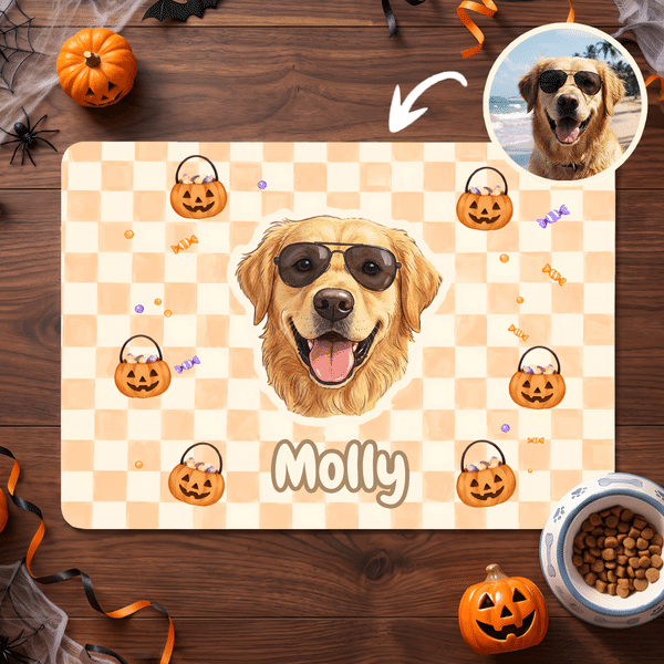 Personalised Watercolor Pumpkin Pet Portrait Photo Food Mat with Name Home Decor Trick-or-Treat Halloween Gift for Pet Owners