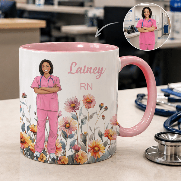 Personalized Birth Flower Cartoon Character Photo 11 oz 15 oz Ceramic Coffee Mug with Name and Text Nurses' Day Birthday Gift for Nurse Doctor