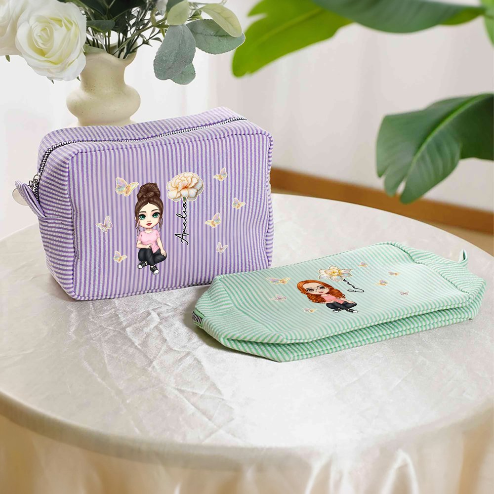 Personalised Multicolour Birth Flower Cartoon Character Striped Makeup Bag with Name Daily Travel Essential Birthday Mother's Day Gift for Women 3