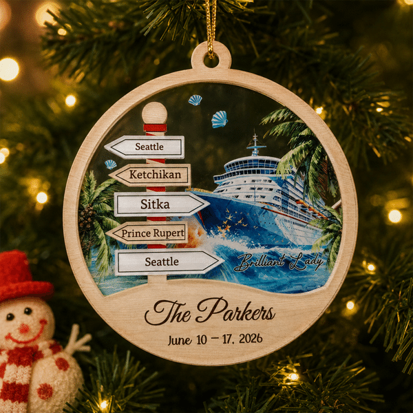Personalised Cruise Ship Ocean Signpost Acrylic Ornament with Family Name and Dates Cruise Ship Vacation Christmas Gift for Family Cruise Lovers