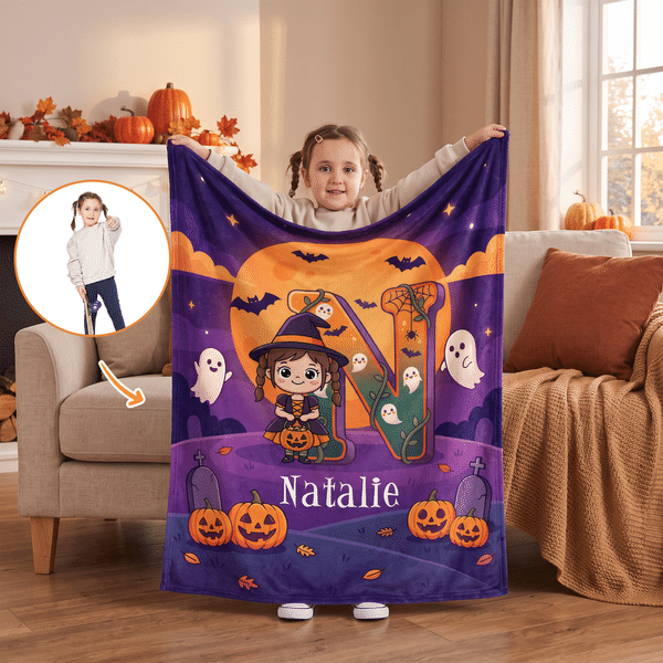 Personalized Halloween Cartoon Character Photo Soft Throw Blanket with Name and Initial Home Decor Halloween Party Gift for Kids