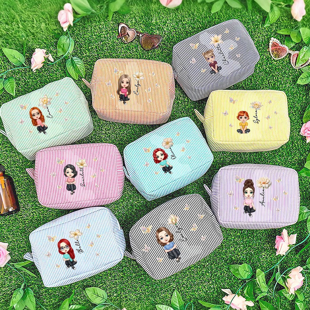Personalised Multicolour Birth Flower Cartoon Character Striped Makeup Bag with Name Daily Travel Essential Birthday Mother's Day Gift for Women 6