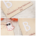 Personalised Ghost Bat Wooden DIY Footprint Art Sign with Name and Year Baby's First Halloween Gift for Baby New Parent