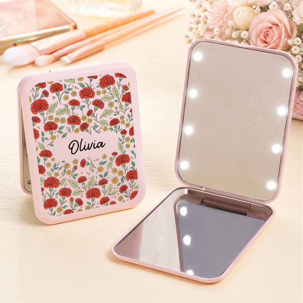 Personalized Watercolour Birth Flower LED Makeup Pocket Mirror with Name Daily Use Birthday Anniversary Gift for Woman Friend
