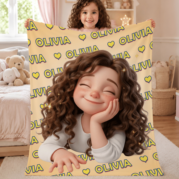 Personalized Multicolour 3D-Style Character Artwork Plush Photo Soft Throw Blanket with Name Home Decor Birthday Gift for Kids Family