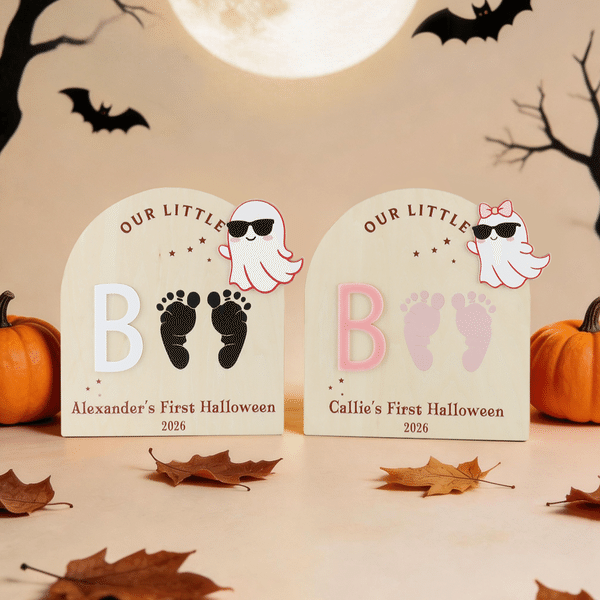 Personalised Ghost Bat Wooden DIY Footprint Art Sign with Name and Year Baby's First Halloween Gift for Baby New Parent