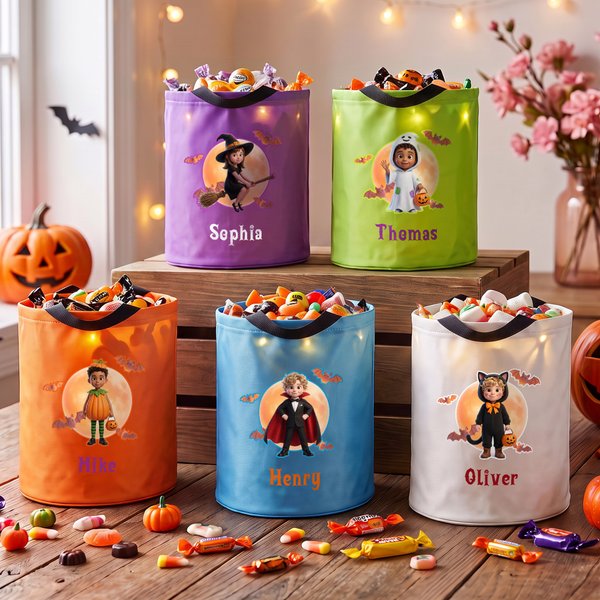 Personalized 3D-Effect Artwork Halloween Witch Ghost Vampire LED Light Bucket Bag with Name Trick or Treat Halloween Party Gift for Boys Girls
