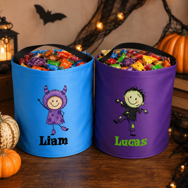 Personalized Cute Halloween Cartoon Kid Character LED Light Bucket Bag with Name Trick or Treat Halloween Party Gift for Boys Girls