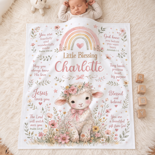 Personalised Flower Lamb Christian Blessing Quotes Soft Warm Throw Blanket with Name Room Decor Baby Shower Baptism Gift for Kid Newborn