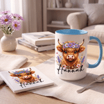 Personalized Birth Flower Highland Cow Multicolor 11 oz 15 oz Ceramic Mug with Coaster Daily Use Birthday Gift for Kids Highland Cow Lovers