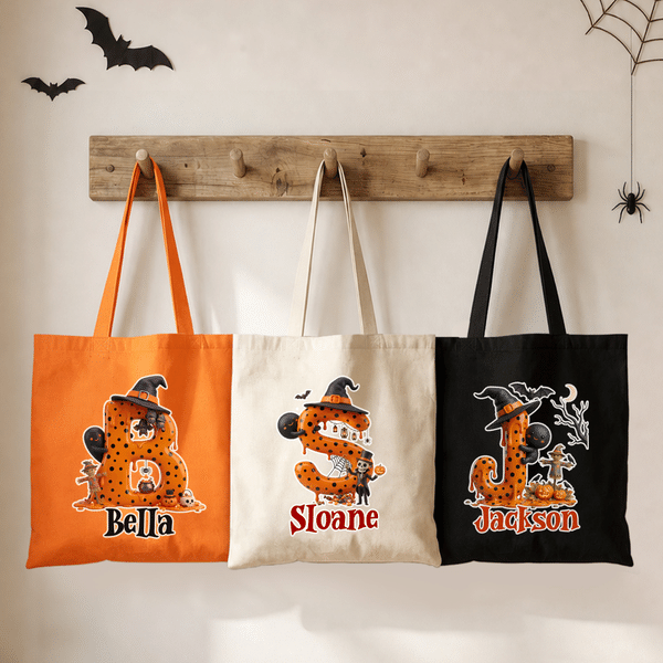 Personalised Halloween Theme Spooky Initial Canvas Bag with Name Halloween Party Trick or Treat Activity Gift for Boys Girls