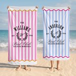 Personlig snabbtorkande strandhandduk randig pool club design med familjenamn badlakan för sommarstuga och familjepresent