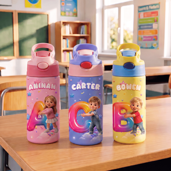 Personalized 3D-Effect Artwork Cartoon Character 12 oz Insulated Water Bottle with Name and Initial Back to School Birthday Gift for Kid