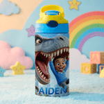 Personalised 3D-Effect Artwork Cartoon Dinosaur Photo 12 oz Insulated Water Bottle with Name and Straw Back to School Birthday Gift for Kid