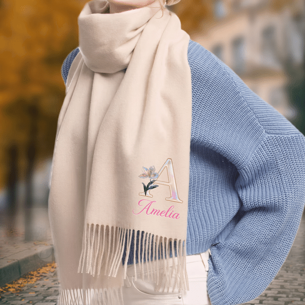 Personalised Mother of Pearl Effect Birth Flower & Initial Soft Warm Tassel Scarf Shawl with Name Winter Accessory Christmas Gift for Women
