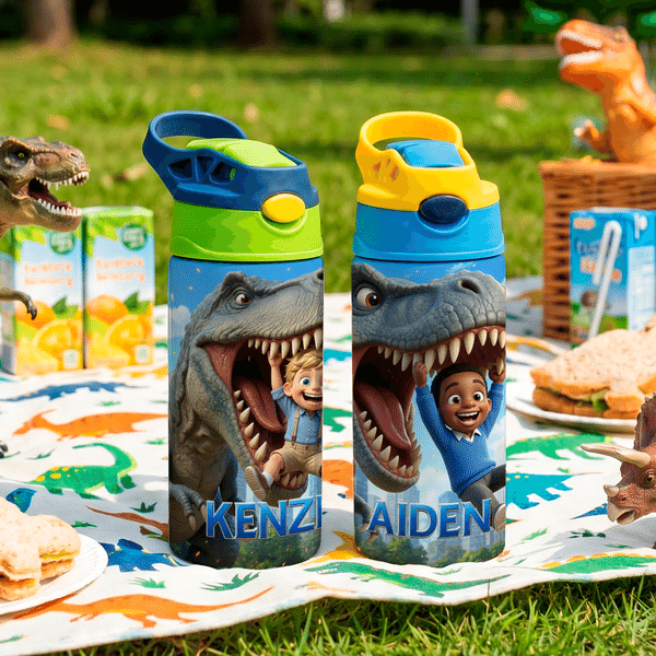 Personalized Cartoon Dinosaur Photo 12 oz Insulated Water Bottle with Name and Straw Back to School Birthday Gift for Kid