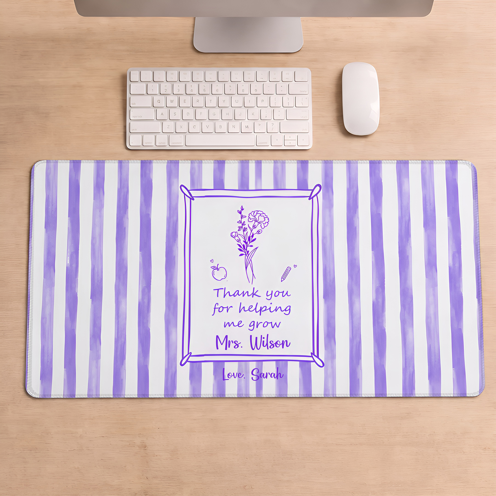 Individuell gestaltetes, gestreiftes Mauspad mit Geburtsblumen-Motiv für Lehrer, rutschfest, mit Text – Geschenk zum Schulanfang für Lehrer und Pädagogen