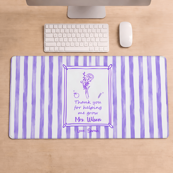 Personalised Striped Birth Flower Teacher Theme Non-Slip Mouse Pad Desk Mat with Text Back to School Office Gift for Teachers Educators