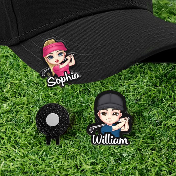 Henkilökohtainen Cartoon Golf Character ja nimi Golf Ball Marker magneettisella hattuklipsillä Syntymäpäivä Game Day lahja golfin pelaajille