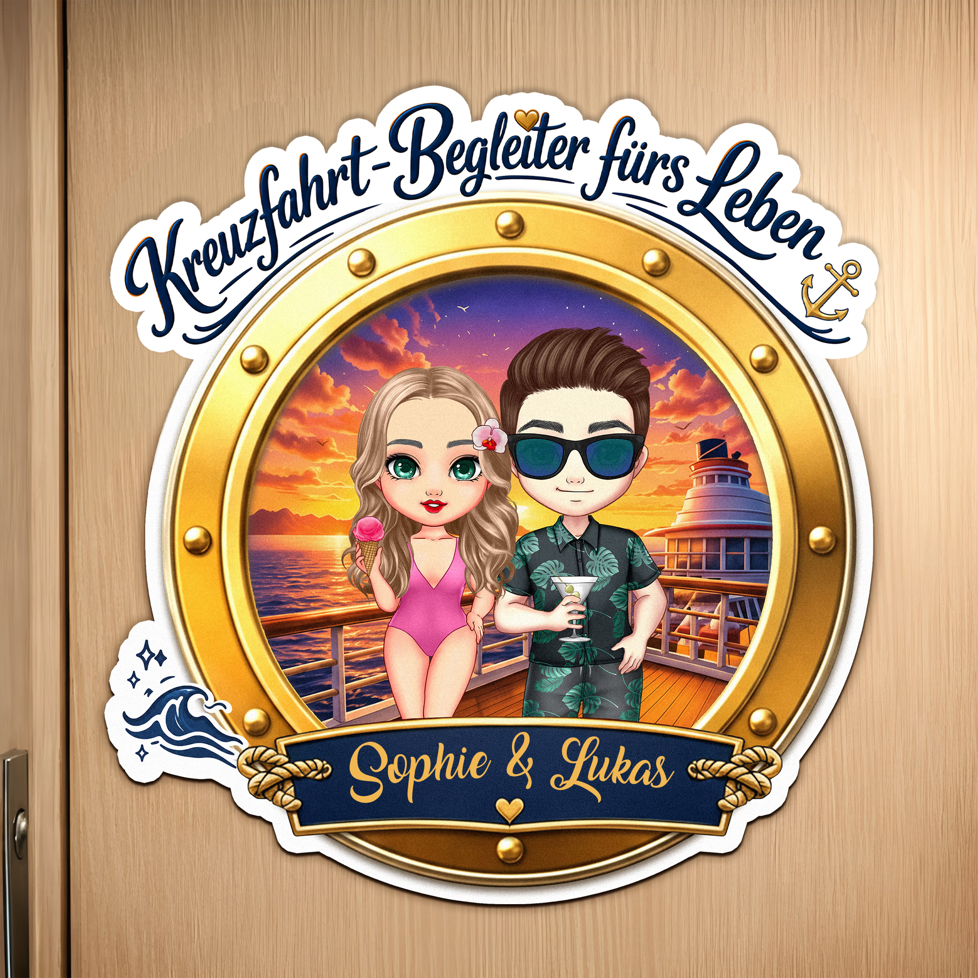 Personalisierter Cartoon-Paar Kühlschrankmagnet mit Kreuzfahrt-Design | Haus Deko | Sommerurlaub Geburtstag Geschenk für Paare Frischvermählte