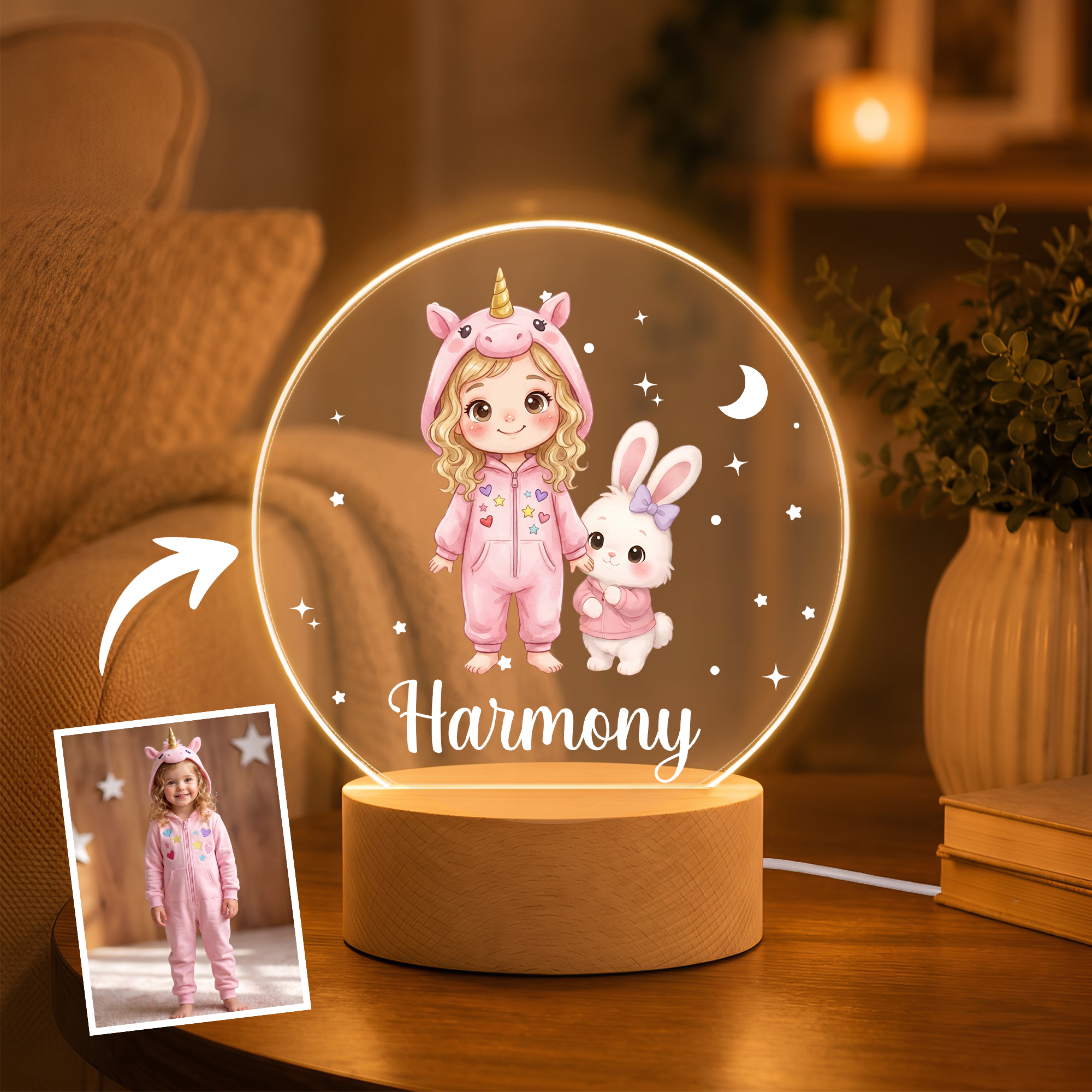 Personalisiertes, niedliches LED-Nachtlicht aus Acryl im Cartoon-Stil mit Tiermotiven und Kinderfoto, mit Namen und Holzsockel – Deko für das Kinderzimmer, Weihnachts- und Geburtstagsgeschenk für Kind